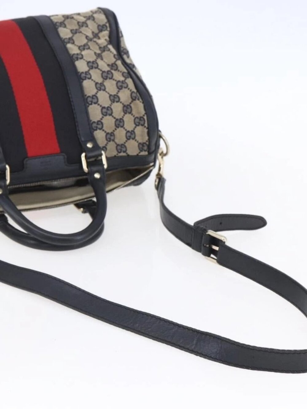 GUCCI GG Canvas Sherry Line Boston Bag 2way Navy Gold 247205 Auth BA5935 - Picture 9 of 16